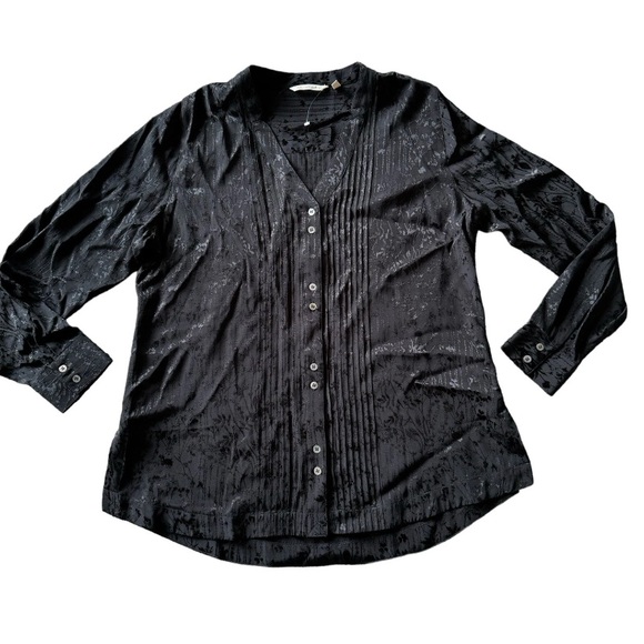 Soft Surrounding Silky Jacquard Pin Tuck Blouse Black Long Sleeve Womens Size L - Picture 12 of 13